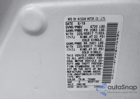 2020 Nissan Rogue S/Sv z USA, uszkodzony, nr VIN JN8AT2MVXLW112758